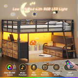 Dnxao Low Loft Bed Twin with Desk,9 Storage Drawers,Twin Bed Frames for Kids with 15.8" H Safety Guardrail,Kids Loft Bed with LED Lights and Charging Station,Inclined Ladder,Spave Saving,Rustic Brown Dnxao