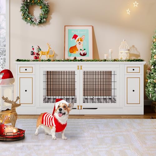 YITAHOME Double Dog Kennel Furniture with Tray, 79" Dog Crate Table with Storage for 2 Small/Medium Dogs, Indoor Wooden Dog House TV Stand, White - WoodArtSupply