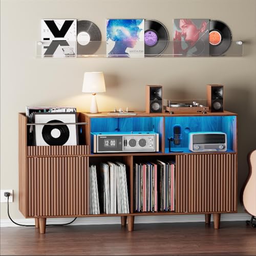 fineway Large Record Player Stand with Power Outlets & LED Lights, Record Player Table Cabinet with Vinyl Record Storage Holds up to 500 Albums, Turntable Stand for Living Room, Bedroom fineway
