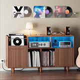 fineway Large Record Player Stand with Power Outlets & LED Lights, Record Player Table Cabinet with Vinyl Record Storage Holds up to 500 Albums, Turntable Stand for Living Room, Bedroom fineway
