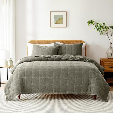 Lush Decor Logan Stone Washed Cotton Quilt 3 Piece Set King/California King Sage - Rustic Bedding Set - Soft Green Quilt - Lightweight - Minimalist & Boho Bedroom Decor Lush Decor