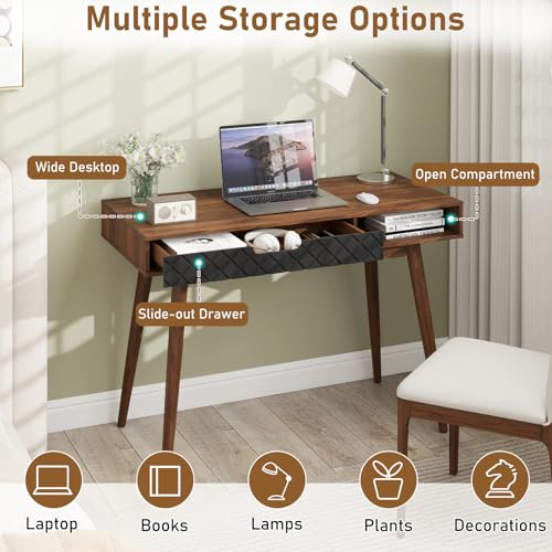 Tangkula Mid-Century Modern Computer Desk, Home Office Desk w/Drawer & Open Compartment, Laptop PC Desk w/Rubber Wood Legs, Makeup Vanity Table, Vintage Writing Desk Workstation for Study, Bedroom Tangkula