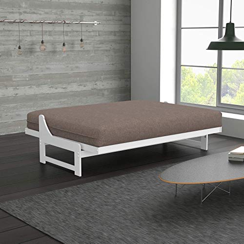 Nirvana Futons Nico Urban Loft Linen Series Sleeper Sofa Collection Full Size White Armless Arden Futon Frame, Storage Drawers, Mattress and Umax Khaki Futon Cover Set Nirvana Futons