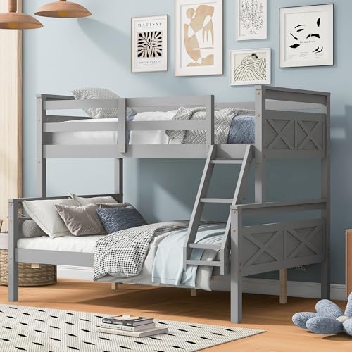 Merax Wood Bunk Bed,Twin Over Full Bunk Beds with Ladder,Safety Guardrail,Can be Separated into 2 Platform Beds,Perfect for Bedroom Kids Adults,Gray Merax