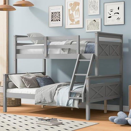 Merax Wood Bunk Bed,Twin Over Full Bunk Beds with Ladder,Safety Guardrail,Can be Separated into 2 Platform Beds,Perfect for Bedroom Kids Adults,Gray Merax