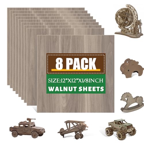 8 Pack Walnut Plywood Sheets 12x12x1/8 Inch,3mm Plywood for Laser Cutting & Engraving,Unfinished Wood for Crafts,Wood Burning,Architectural Models ESRICH