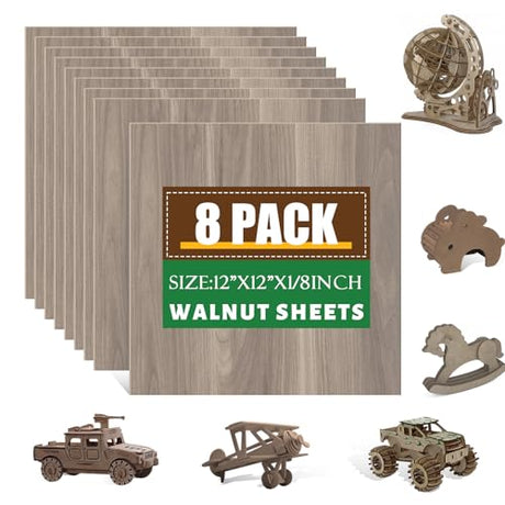 8 Pack Walnut Plywood Sheets 12x12x1/8 Inch,3mm Plywood for Laser Cutting & Engraving,Unfinished Wood for Crafts,Wood Burning,Architectural Models ESRICH