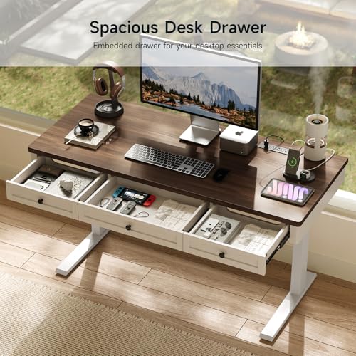 ONBRILL Standing Desk with 3 Drawers, 55 x 24 Inch Electric Height Adjustable Desk with Storage & Outlets, for Computer Workstation, Home Office, Retro Curved Table Corner & Drawers, Walnut ONBRILL