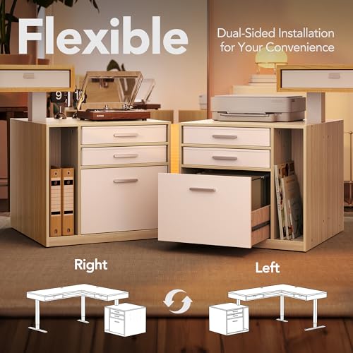 HUANUO Electric L Shaped Standing Desk with 2 Storage Drawers & File Cabinet, 63'' x 53'' Height Adjustable Corner Standing Desk, Computer Desk with Cable Management Tray, Light Walnut HUANUO