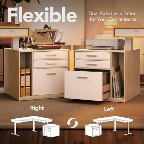 HUANUO Electric L Shaped Standing Desk with 2 Storage Drawers & File Cabinet, 63'' x 53'' Height Adjustable Corner Standing Desk, Computer Desk with Cable Management Tray, Light Walnut HUANUO