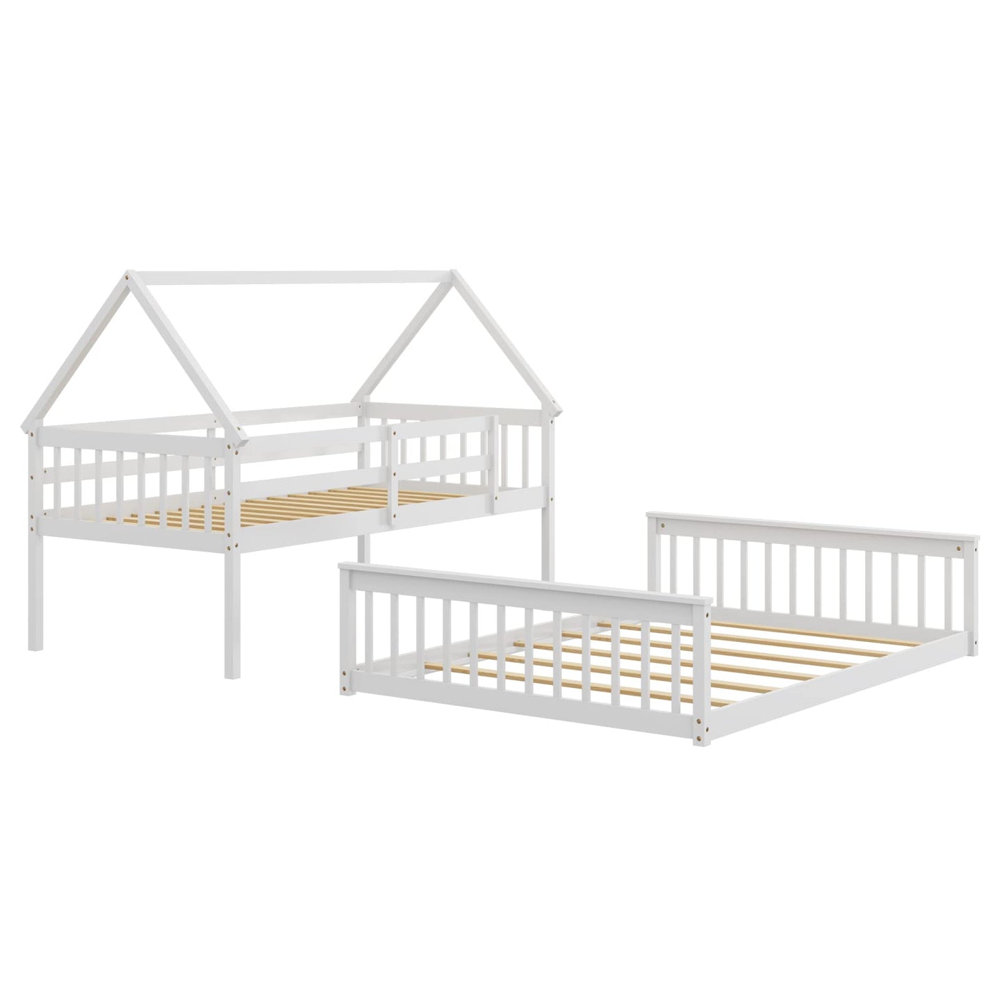 KOMFOTT White Twin Over Full House Bunk Bed with Built-in Ladder and Safety Guardrails - WoodArtSupply