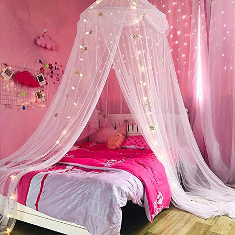 Nattey Bed Canopy with Lights for Girls,Gold Star Princess Crib Canopy Curtains,Extra Large Dome Mosquito Net Reading Nook Canopy for Kids Boys Twin Full Queen Size Bed,Fire Retardant Fabric Nattey