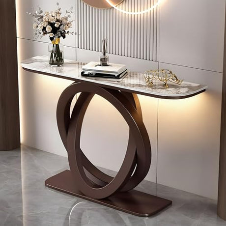 WOOOFA Marble Console Table, 39.4'' Modern Entryway Table with Sensor LED Light, Luxurious and Highly Decorative, Long Sofa Table for Living Room, Entrance, Hallway, White and Bronze WOOOFA