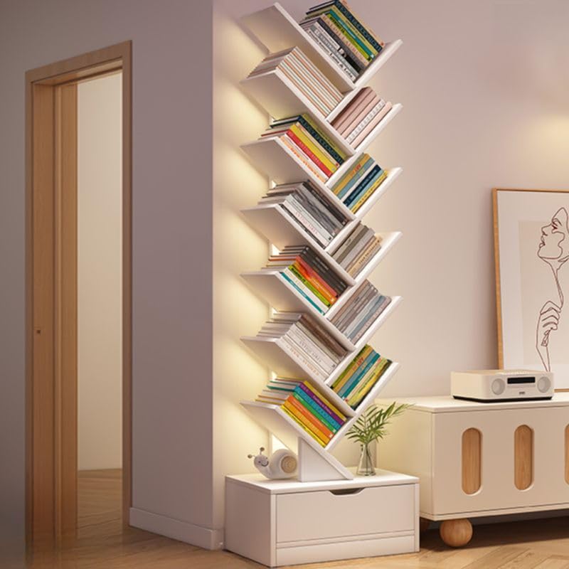 CraftThink Tree Bookshelf, 12 Tier Bookcase with Storage Cabinet, Floor Standing Book Shelf Tall Bookshelves for Home Office Furniture -Grey |Drawer|, 13.5" L x 8" W x 62" H (Lighting Not Included) CraftThink