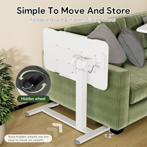 Mobile Standing Desk Adjustable Overbed Table, Pneumatic Height Adjustable Rolling Laptop Desk with Hidden Wheels, 0-180°Tilt Top Rolling Computer Cart Foldable for Home Office, Craft & Study, White Simple Deluxe