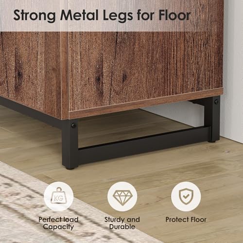 WAMPAT 4 PCS Modern 72" Tall Bookshelf with Metal Base and Adjustable Shelves, Library Bookcase with Storage Cabinet and Open Book Shelfs, Wood Bookshelves for Home Office, Living Room, Brown WAMPAT