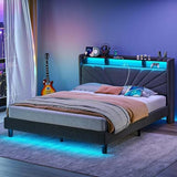 Rolanstar Queen Size Bed Frame, Storage Headboard with Charging Station and LED Lights, Upholstered Bed with Heavy Duty Wood Slats, No Box Spring Needed, Noise Free, Easy Assembly, Dark Grey Rolanstar