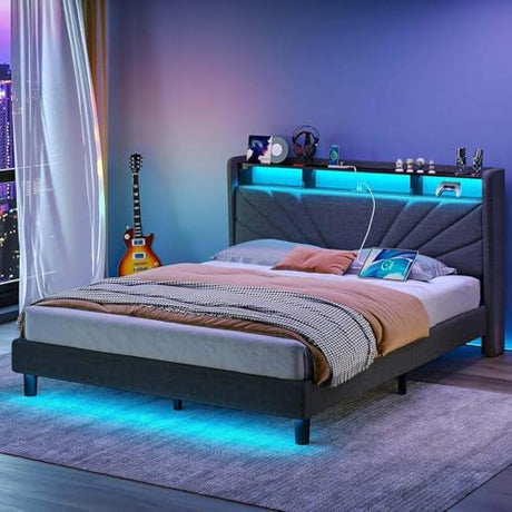 Rolanstar Queen Size Bed Frame, Storage Headboard with Charging Station and LED Lights, Upholstered Bed with Heavy Duty Wood Slats, No Box Spring Needed, Noise Free, Easy Assembly, Dark Grey Rolanstar