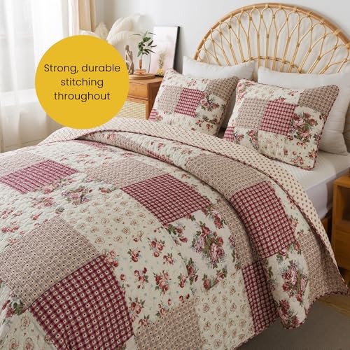 SLPR Country Roses Patchwork Cotton Pieced Quilt Set - Twin Size with 1 Sham, French Country Style Floral Bedding, Red Rose Farmhouse Quilted Bedspread with Flower Pattern SLPR