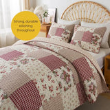 SLPR Country Roses Patchwork Cotton Pieced Quilt Set - Twin Size with 1 Sham, French Country Style Floral Bedding, Red Rose Farmhouse Quilted Bedspread with Flower Pattern SLPR