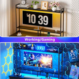 Korfile Computer Gaming Desk with Hutch, Home Office Desk with Power Outlets, LED Light, 5 Storage Drawers, 2 Tiers Shelves for Display, 39 Inch Modern Study Writing Table for Bedroom, Black Korfile