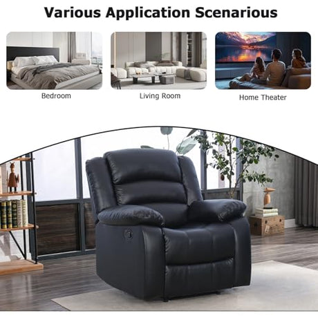 EBELLO Classic Manual Recliner Chair, Faux Leather Recliner Sofa with Overstuffed Arms and Back Single Reclining Couch for Living Room, Bedroom, Black EBELLO