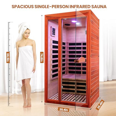 Sauna, Far Infrared Saunas for Home Room 1550W/110V Indoor Sauna for Single Person Okoume Wood Sauna Spacious 1 - 2 Person Low EMF Dry Sauna with Speakers/Air Hole and Color Lighting 39.4*35.4*74.8 IN HOSAUNA