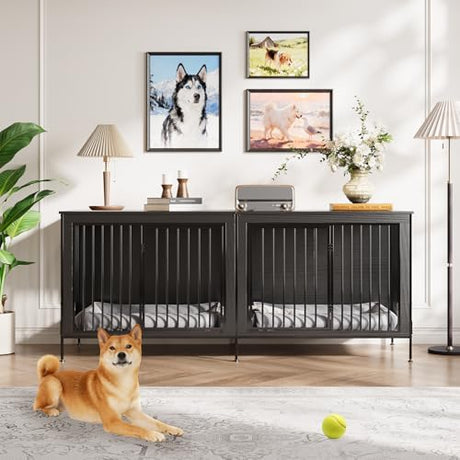 79‘’ Double Dog Crate Furniture, Large Dog Kennel Indoor, Heavy Duty Double Dog Crates for Medium/Large Dogs, Dog Kennel Furniture Indoor As TV Stand, Rustic Black GAOMON