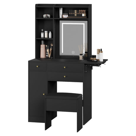 ARTETHYS Vanity Desk with Mirror and Lights Black Vanity Set with Storage Chair Dressing Table with Drawer Makeup Desk with Fold-up Panel for Bedroom ARTETHYS