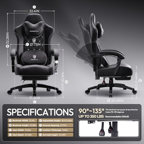 Dowinx Gaming Chair with Heated Massage Lumbar Support,Big and Tall Fabric Gaming Chairs for Adults with Footrest, Ergonomic Computer Game Chair with Poket Spring Cushions, 350lbs, Black Dowinx
