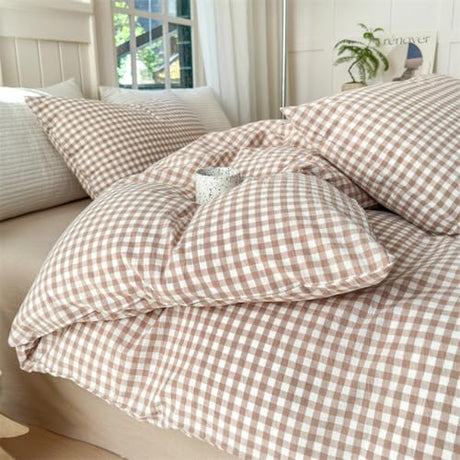 Mucalis Tan Gingham Duvet Cover Queen 100% Washed Cotton Brown Plaid Checked Duvet Cover Set Vintage 3 Piece Beige Cream Grid Bedding Set with Zipper Closure Corner Ties,Durable,Breathable,Easy Care Mucalis