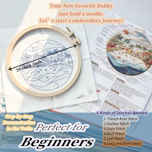 FONNUY Beach Ocean Embroidery Kit, Cross Stitch Kits for Beginners, Handmade Crafts with Printed Patterns for Beginner Adults, Easy to Follow Color Thread Needlework, 8'' Hoop (Coconut Tree)