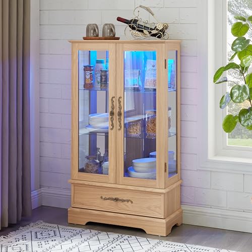VeroFree Lighted Glass Curio Display Cabinet with Adjustable Shelves – 2 Doors, 1 Drawer, Led Lights, Elegant Light Oak Finish for & Office Decor (1 Drawers + 2 Doors + 1 Shelves) VeroFree