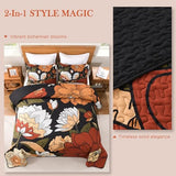 Andency Floral Boho Quilt King Size Bedding Set Black, 3 Pieces Farmhouse Flower Botanical Summer Bedspreads with 2 Shams, Soft Reversible Lightweight Microfiber Coverlet Set for All Season, 106"x96" Andency