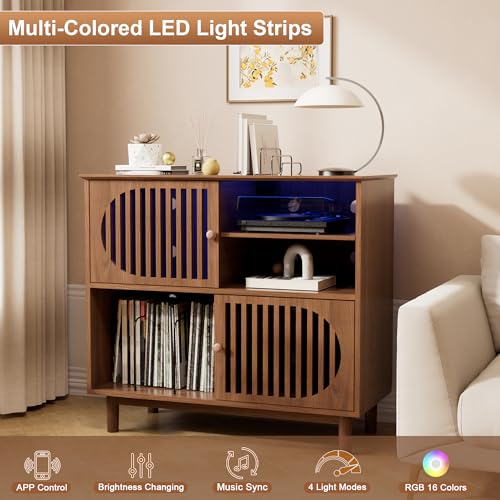 Large Record Player Stand with Storage & LED Lights, Vinyl Record Storage Cabinet with Charging Station Holds Up to 350 Albums, Mid Century Modern Turntable Stand for Living Room (Walnut) YKVIQBY
