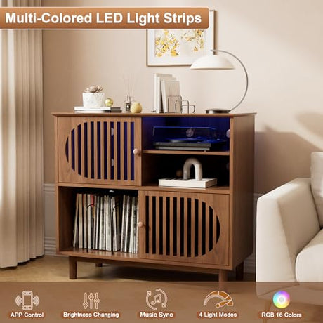 Large Record Player Stand with Storage & LED Lights, Vinyl Record Storage Cabinet with Charging Station Holds Up to 350 Albums, Mid Century Modern Turntable Stand for Living Room (Walnut) YKVIQBY