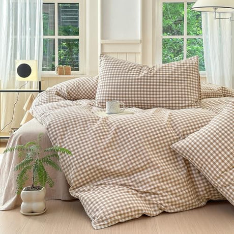LifeTB Tan Gingham Comforter Set Twin XL Modern Style Beige Plaid Comforter Set 3 Pieces Soft Fluffy Grid Checkered Pattern Comforter with 2 Pillowcases Farmhouse Gingham Bedding Set Twin XL LifeTB