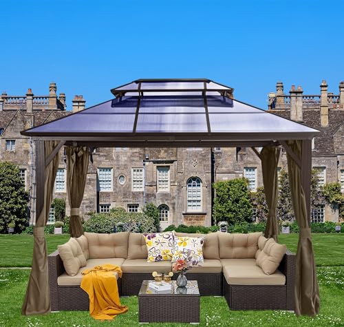 10'x13'Hard top Gazebo Patio Pavilion Double Room PC Roof Canopy Outdoor Aluminum Frame Permanent Metal Pavilion with Net and Curtain, Suitable for Backyard, Garden, Lawn (Brown)