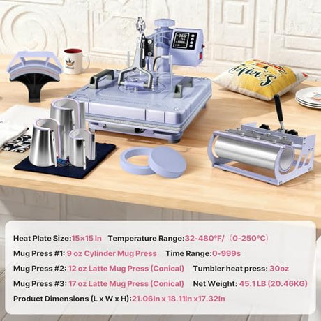 Seeutek 5 in 1 Heat Press Machine 15x15 Inch, Swing Away Sublimation Heat Transfer Press with 20oz & 30oz Tumbler Attachments for T-Shirts, Mugs, Hats & Plates, Lavender Seeutek