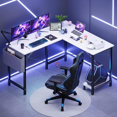 DUMOS L Shaped Desk Computer Gaming Corner Table 50 Inch Home Office Writing Student Work PC Workstation with Side Storage Bag CPU Stand for Bedroom Small Spaces DUMOS