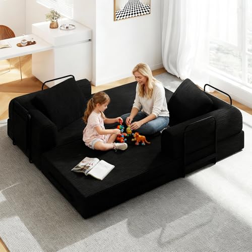 Nivayor 78'' Sleeper Couch Bed for Living Room, Convertible Modular Sofa with Fixed Frame and Side Pocket, Corduroy Futon Boneless Couches in a Box, No Assembly, Black Nivayor