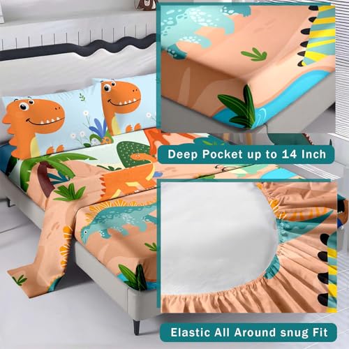 NiuOne 3D Cartoon Dinosaurs Kids Queen Sheets 4Pcs Dinosaurs Bed Sheets,3D Dinasour Pillowcases Decoration Bedroom Bedding Set Queen Size NiuOne