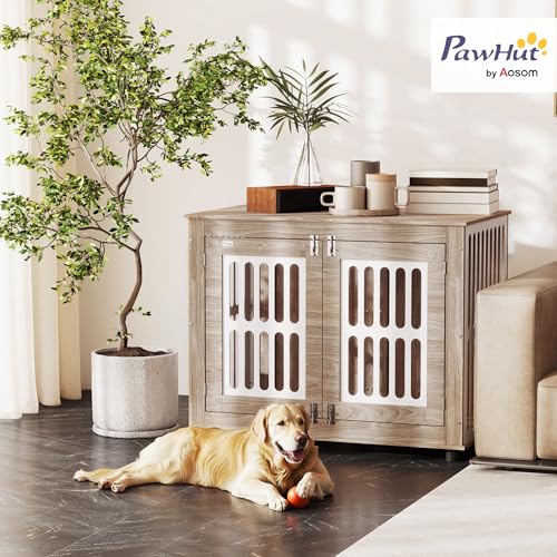 PawHut Dog Crate Furniture, 39" Dog Kennel Side Table with 2 Doors, Adjustable Non-Slip Foot Mats, Decorative Pet Cage for Large Dogs, Walnut Brown PawHut