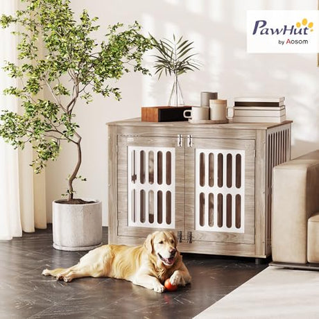 PawHut Dog Crate Furniture, 39" Dog Kennel Side Table with 2 Doors, Adjustable Non-Slip Foot Mats, Decorative Pet Cage for Large Dogs, Walnut Brown PawHut