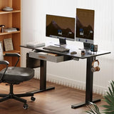 Seang Standing Desk with Drawer, 48" x 24" Height Adjustable Stand Up Desk, 3 Memory Height Settings with Cable Grommets & Storage Hooks, Ideal for Home & Office, Black Seang
