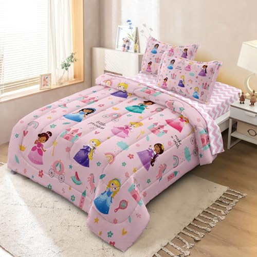 SIRDO Kids Magical Princess Comforter Set Bed in a Bag Twin Size- 5 Piece Soft Cute Castle Bedding Set for Girls (1 Comforter, 1 Flat Sheet, 1 Fitted Sheet, 2 Pillowcases), Pink SIRDO