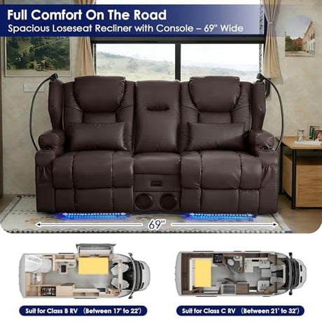 Redlife Power Loveseat Recliner Sofa with Console, PU Leather Dual Reclining Couch with Blue LED Lights, Bluetooth Speakers, USB Ports, Phone Holders, Home Theater & RV Recliner (Brown) Redlifeᅟᅠ
