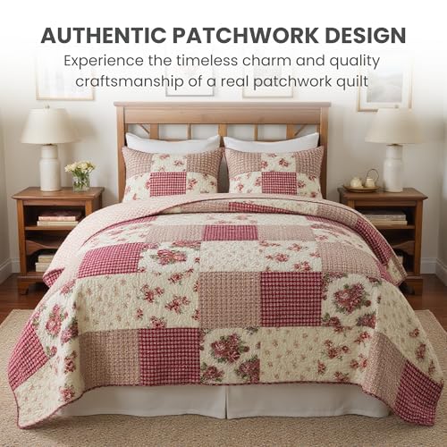 SLPR Country Roses Patchwork Cotton Pieced Quilt Set - Twin Size with 1 Sham, French Country Style Floral Bedding, Red Rose Farmhouse Quilted Bedspread with Flower Pattern SLPR