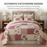 SLPR Country Roses Patchwork Cotton Pieced Quilt Set - Twin Size with 1 Sham, French Country Style Floral Bedding, Red Rose Farmhouse Quilted Bedspread with Flower Pattern SLPR