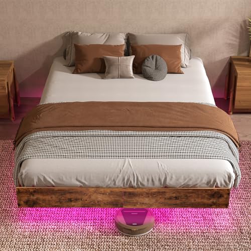 Floating Bed Frame Full with LED Lights, Metal Platform Full size Floating Bed Frame with Under Bed Storage, Heavy Duty Steel Slats Support, No Box Spring Needed, Noise Free, Easy Assembly, Brown RVONOW